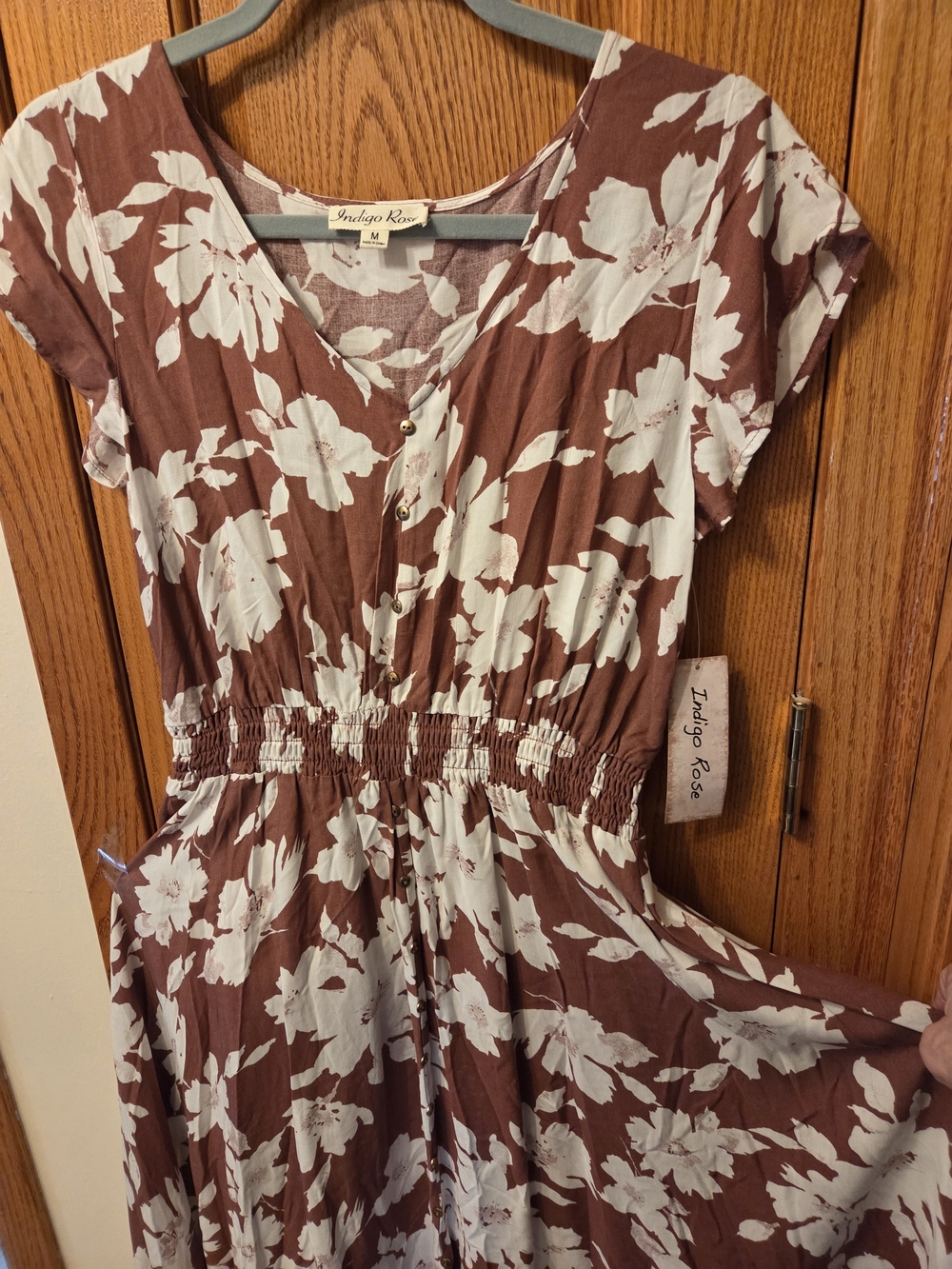 NWT Indigo Rose Brown/Rust Floral Midi Dress with White Print sz M